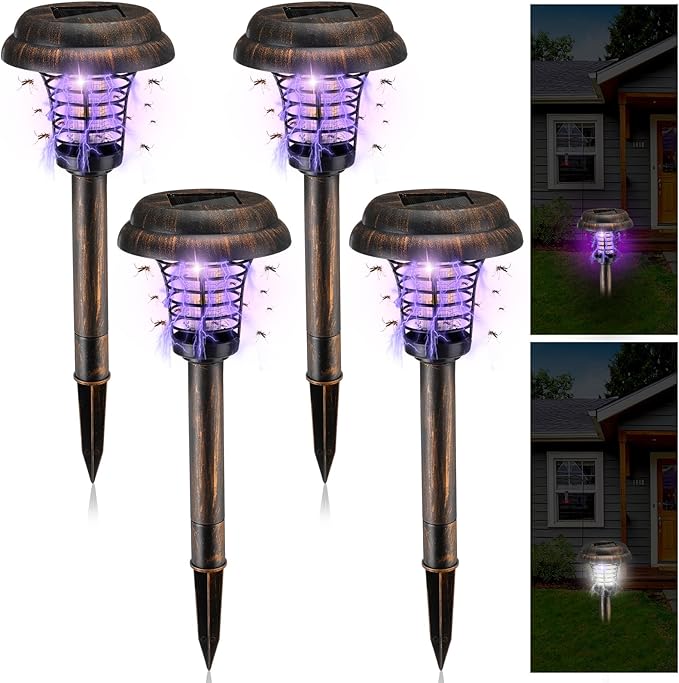 Qualirey 4 Pcs Solar Bug Zapper Waterproof Outdoor Mosquito Zapper Killer and Lighting Repellent Lamp for Indoor Outdoor Use Garden Patio, Purple and White Light(Plastic,Bronze)