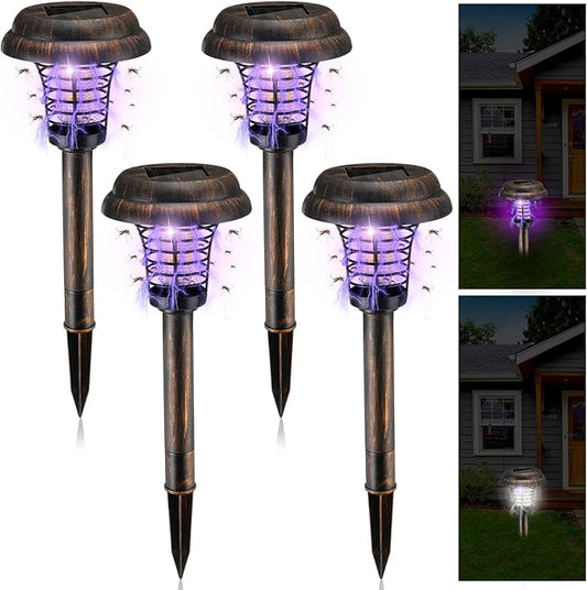 Qualirey 4 Pcs Solar Bug Zapper Waterproof Outdoor Mosquito Zapper Killer and Lighting Repellent Lamp for Indoor Outdoor Use Garden Patio, Purple and White Light(Plastic,Bronze)