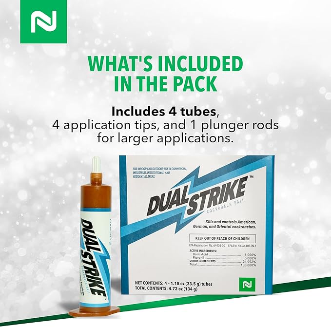 Nisus Dual Strike Cockroach Bait Gel, Kills Roaches Fast with Boric Acid and Fipronil, Long-Lasting Indoor and Outdoor Pest Control Use, 4 Pack