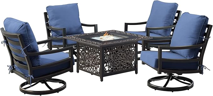 Oakland Living Black Aluminum Patio Fire Table Set with Four Club Chairs with Blue Cushions