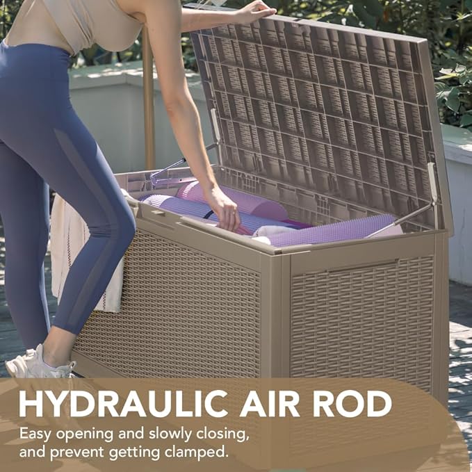 Devoko 95 Gallon Deck Box Large Resin Outdoor Storage Box, Waterproof and UV Resistant Lockable for Outdoor and Patio, Large Storage Cabinet for Patio Furniture, Tools and Pool Supplies, Light Brown