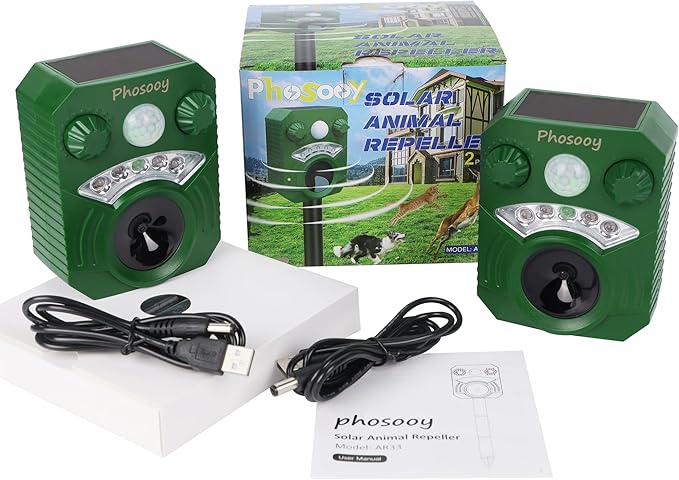 2 Packs Solar Ultrasonic Animal Repeller, Waterproof Mode-Adjustable Animal Deterrent Device with Flashing Strobe Lights to Repel Cats, Dogs, Squirrel, Rats, Skunks, Raccoons and Deer
