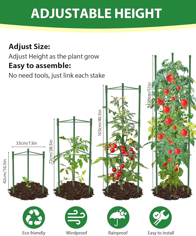 6 Pack Tomato Cages for Garden, 51 Inches Adjustable Tomatoes Plant Stakes Support Cages Trellis, Garden Trellis for Vegetable Flowers Fruits Climbing Plants- 20 Binding Wires Included