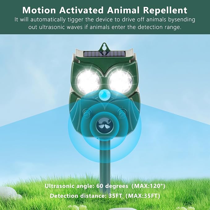 2Pack 2025 Ultrasonic Animal Repellent Outdoor Deer Repellent Devices Solar Animal Repeller Motion Activated Deterrent to Scare Cat Squirrel Rabbit Raccoon Skunk with LED Flash Lights for Yard Lawns
