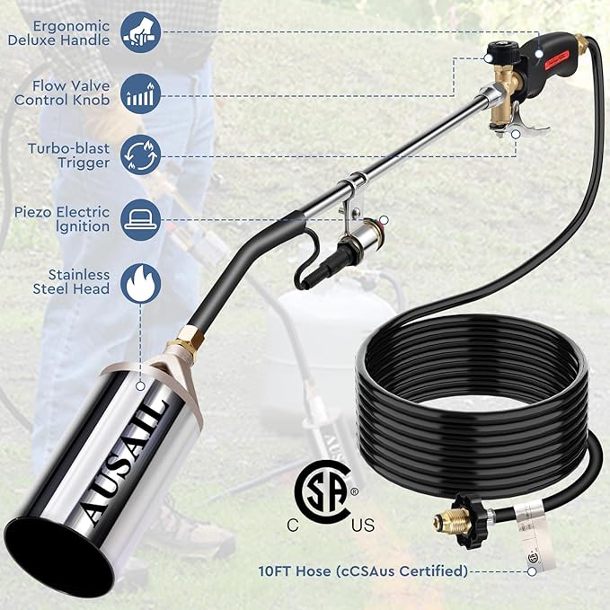 Propane Torch Weed Burner with Storage Bag,Blow Torch,Heavy Duty,High Heat Output,Flamethrower with Turbo Trigger Push Button Igniter and 10 FT Hose for Roof Asphalt,Ice Snow,Road Marking(Silver)