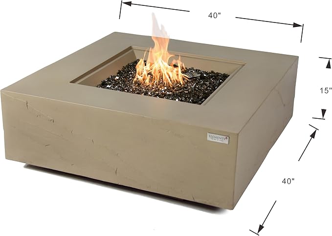 Elementi+ | Bundle Uluru Gas Fire Pit Cast Concrete 40" Square Fire Table, Outdoor Fire Pit Electronic Ignition | Canvas Cover, Fire Glass and Burner Lid Included | Sunlight Yellow | Natural Gas