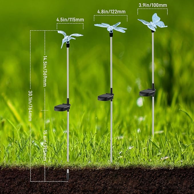 Solar Pathway Lights - 3 Pack Solar Stake Lights Outdoor, Color Changing Solar Powered Halloween Decorative Landscape Lighting Hummingbird Butterfly Dragonfly for Patio Yard Pathway Lawn Walkway