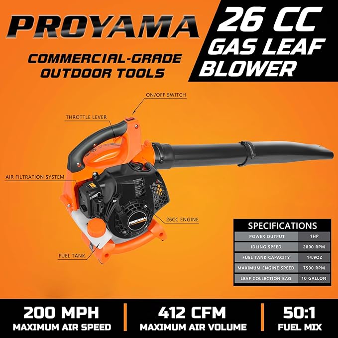 PROYAMA Gas Powered Leaf Blower, 3-in-1 26cc 2-Cycle Handheld Leaf Blower & Leaf Vacuum Mulcher, 412 CFM 200 MPH Cordless Blower with 10 Gallon Collection Bag for Lawn Yard Blowing Snow Dust Debris