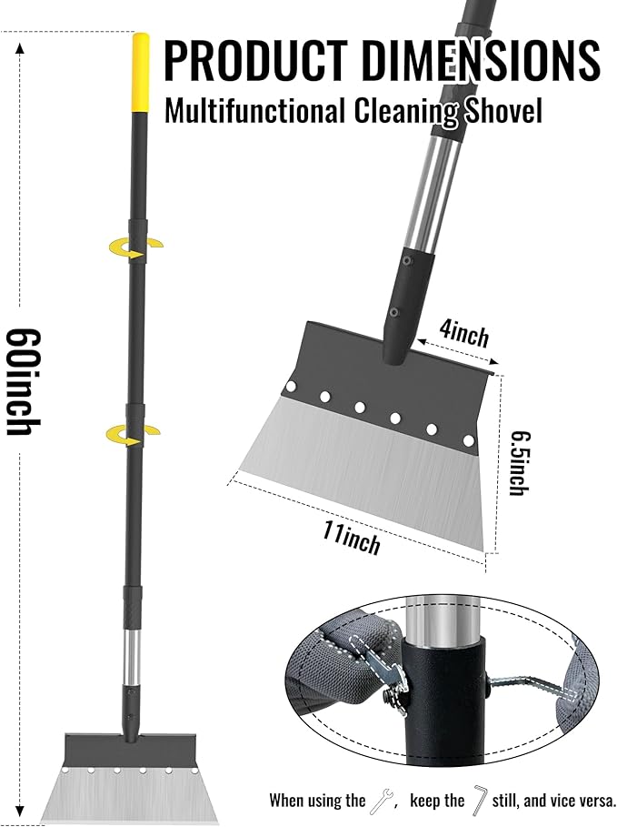 Garden Flat Shovel, Heavy Duty Multifunctional Cleaning Shovel with 60" Adjustable Long Handle, Metal Floor Scraper Tool for Lawn Edging, Weeding, Scraping, Digging, Ice & Snow Removal