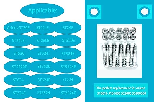 Shear pin and nut Set of 10, Suitable for Ariens 532005 53200500 510016 51001600, Compatible with Ariens Classic 24E, Compact 20, Compact 24, Compact Track 24, SNO Tek 20 120V Snow Blower
