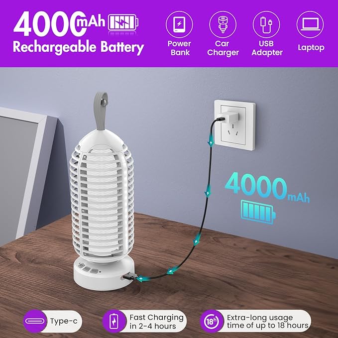 Bug Zapper Outdoor with Colorful Lighting and Auto-Sensing, 3 in 1 Cordless 4000mAh Battery Electric Fly Trap, Rechargeable Mosquito Zapper for Camping, Patios, Garden, Kitchen (1Pack-White)