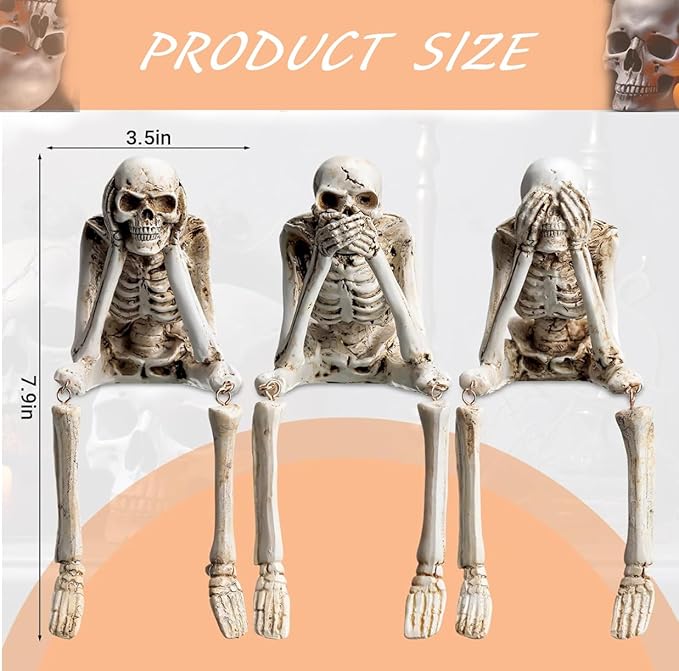 Halloween Decorations Indoor Skeleton Statues See Speak Hear No Evil Figurines for Mantel Table - Realistic Resin Skull Spooky Gothic Home Decor Set of 3