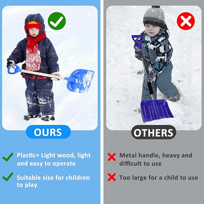 2PCS Kids Snow Shovel, 32" H Detachable Wooden Childs Snow Shovel with Plastic D-Grip Handle and Scoop Winter Children Shovel Blue Pink Toddler Shovel Outdoor Play Snow Gift for Boy Girl Snow Removal