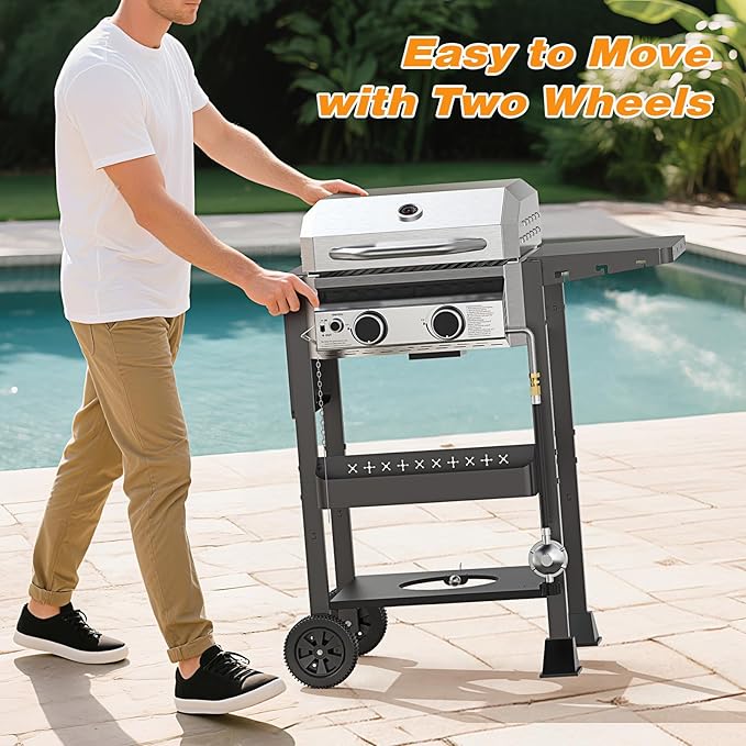 2 Burner Gas Grills Propane, 16,000 BTU Stainless Steel Compact Gas Barbecue Grill with Foldable Shelves, Small Propane Grills Outdoor Cooking for Patios Backyard Camping, 255 SQ.IN Cook Area