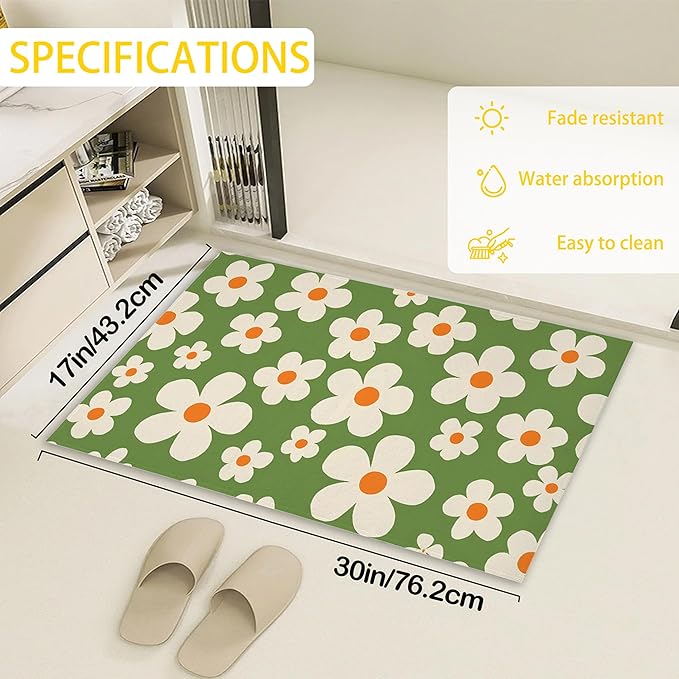 Door Mat,70s Groovy Flowers Welcome Mat Indoor,Green Floral Non-Slip Outdoor Entry Mat for Home Entryway, Low Profile Floor Rugs for Entry Patio, Porch, Hallways 30 x 17 Inch
