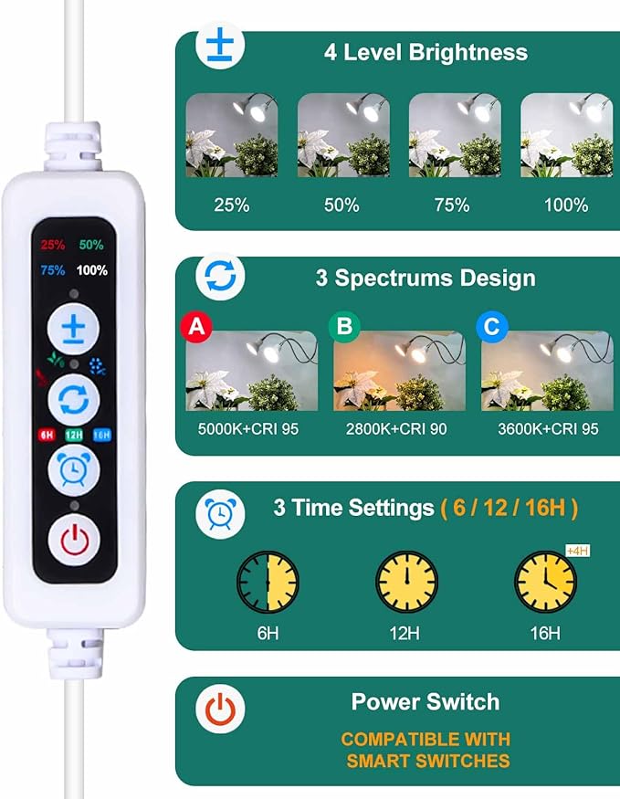 DOMMIA Grow Lights, Grow Lights for Indoor Plants Full Spectrum, Gooseneck Dual Head Clip-on LED Plant Light with 6/12/16h Timer, Multi-Spectrum, Dimmable