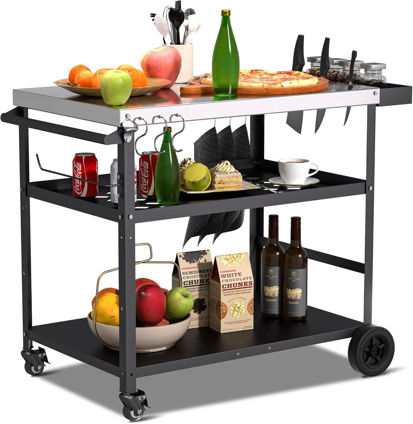 Spurgehom Outdoor Grill Cart, Pizza Oven Stand Table with Wheels Dining Cart for Outside Patio, Movable Kitchen Cooking Prep Table BBQ Cart with Mesh Racks for Home Party, Bar, Camping