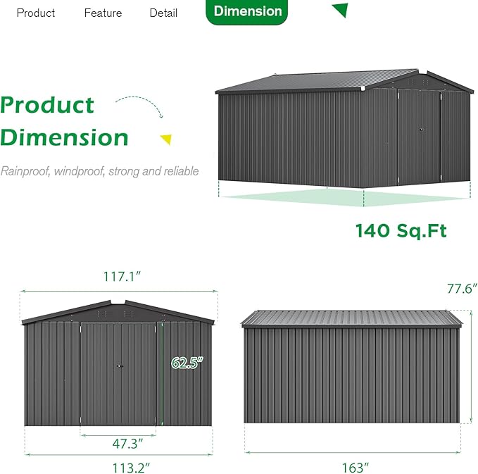 U-MAX 10x14 Outdoor Storage Shed, Large Metal Outside Garden Sheds & Outdoor Storage Clearance, Tool Shed Lockable for Backyard, Patio and Outside Use in Dark Grey