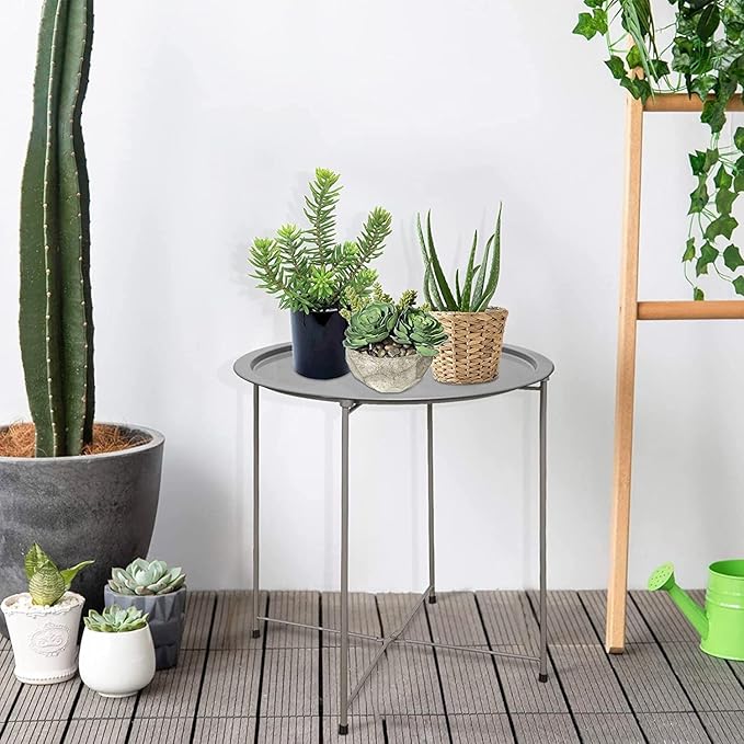 Garden 4 you Folding Tray Metal Side Table 2PC Grey Round End Table Cyan Sofa Small Accent Fold-able Table, Round End Table Tray, Next to Sofa Table, Snack Table for Living Room and Bed Room