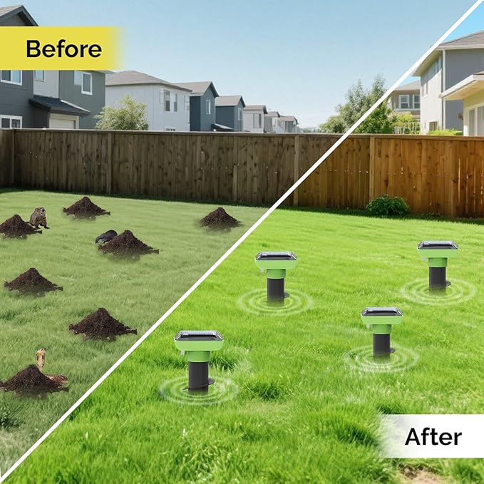 Solar Garden Device – 4 Pack, IP66 Waterproof, Solar Rechargeable, Covers up to 75 sq. ft., Quick 2-Hour Charge, 8–10 Hours Operation, Weather-Resistant Lawn & Garden Spikes – EPA No. 94623