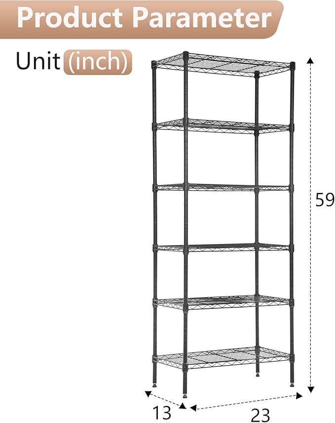 FDW 6 Tier Wire Shelving Units Adjustable Metal Storage Rack 23L x 13W x 59H NSF Pantry Shelves Kitchen Organization Shelf for Kitchen Garage Small Places Commercial,Black
