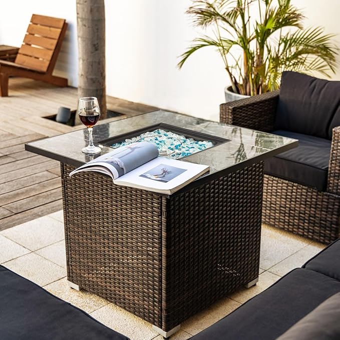 30'' Propane Fire Pit Table, Marble Textured Ceramic Tabletop, 50,000 BTU Fire Table with Brown Wicker, Mix Color Glass Rocks, Including Lid&Cover, Square