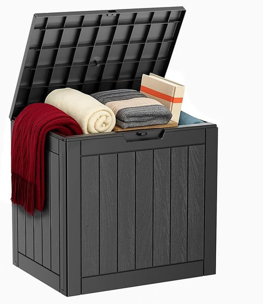 ROJIK Outdoor Storage Housing Deck Box - Waterproof Patio Furniture, Garden Tools, Cushions, Pool Accessories Storage Bench with Lockable Lid and Side Handles (Black, 30 Gal)