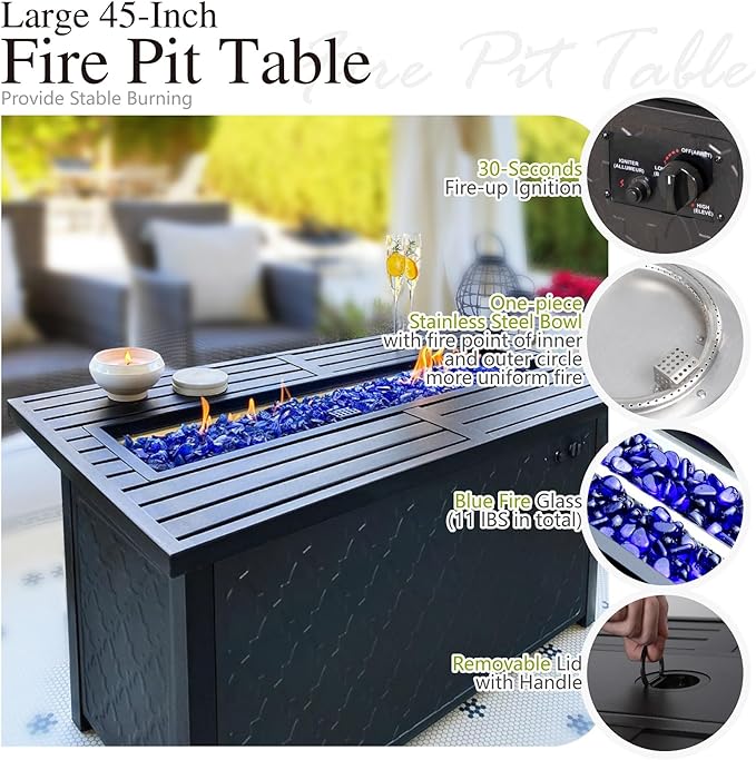 Sophia & William 4 Piece Outdoor Patio Furniture Set, 5 Seats Patio Conversation Sets Clearance with 45" Gas Fire Pit Table x 1, 3-seat Sofa x 1, Rocking Chair x 2 for Porch Lawn, Beige