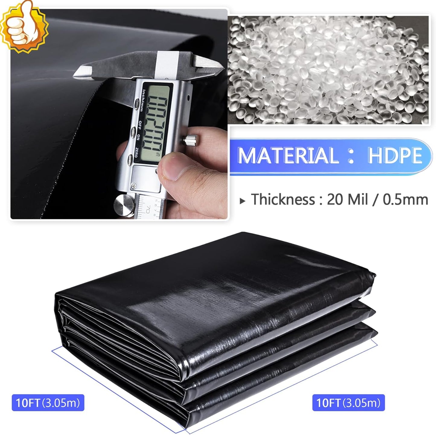 ToLanbbt Pond Liner 10 FT x 10 FT HDPE Pond Liners, 20 Mil UV Resistant Preformed Pond Liner Easy Cutting, Pond Liner for Natural Looking Ponds, Waterfall, Koi Pondsand Water Garden (Black)