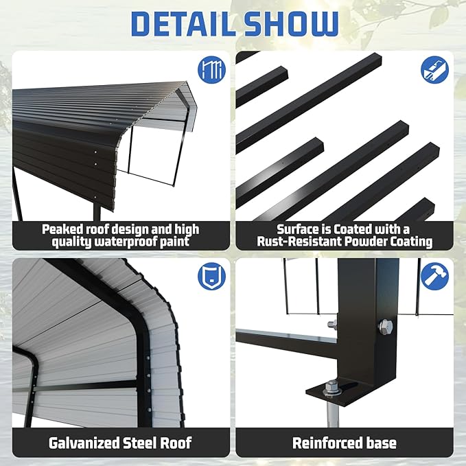 Metal Carport 13 * 20 FT Heavy Duty Carport Canopy with Galvanized Steel Roof Multi-Use Shelter Outdoor Portable Garage for Car, Boat, Pickup and Tractor