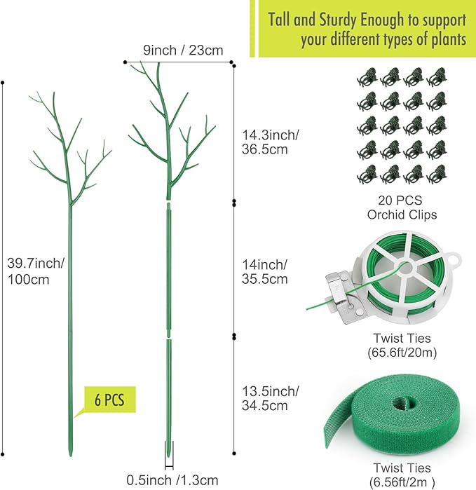 6 Pack Plant Support Stakes for Indoor Plants, 39.37 Inch Twig Plant Sticks with Orchid Clips Twist Ties and Plant Ties for House Potted Monstera Plants, Plastic Branches Support Structures, Green
