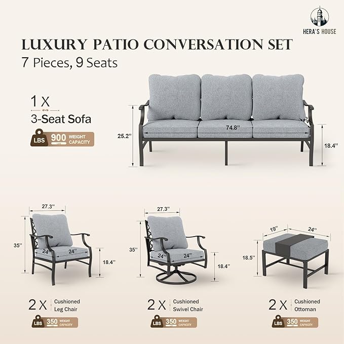 HERA'S HOUSE 7 Piece Patio Furniture Set, 2 x Swivel Chair, 2 x Fixed Chair, 2 x Ottoman, 1 x 3-Seat Sofa, All Cushioned Outdoor Conversation Set for Lawn Garden Backyard, Grey
