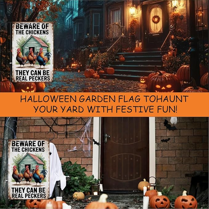 Fokongna Funny Garden Flag, Beware Of The Chickens Farm Funny Chicken Garden Flag, 12x18 Inch Burlap Vertical Double Sided Flags, for Home Yard Outside Decorations