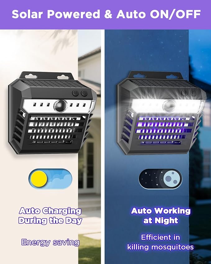 2-in-1 Solar Bug Zapper Outdoor Waterproof with Motion Sensor Light, Cordless Mosquito Zapper Outdoor with 3 Modes, Rechargeable Fly Trap Mosquito Killer Lamp for Patio (Black)