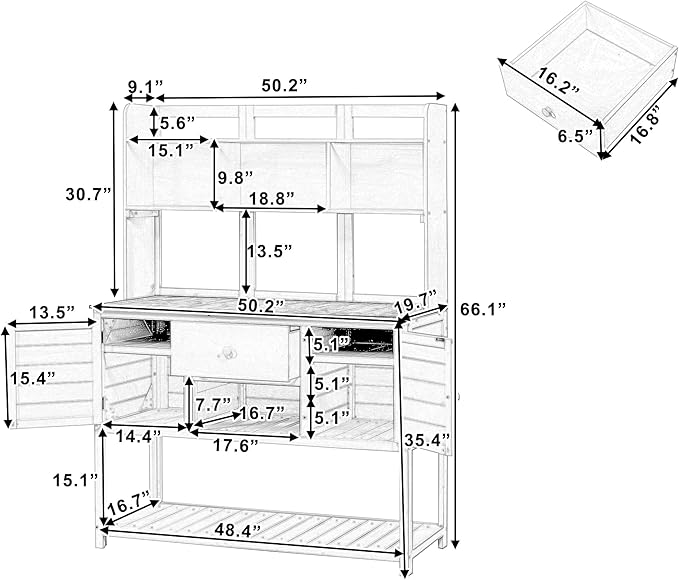 Outdoor Wooden Potting Bench Table – Farmhouse Garden Workstation with Drawers, Cabinet & Storage Shelves, Large Fir Wood Work Table for Patio, Backyard, Mudroom, Greenhouse (White & Brown, 66'' H)