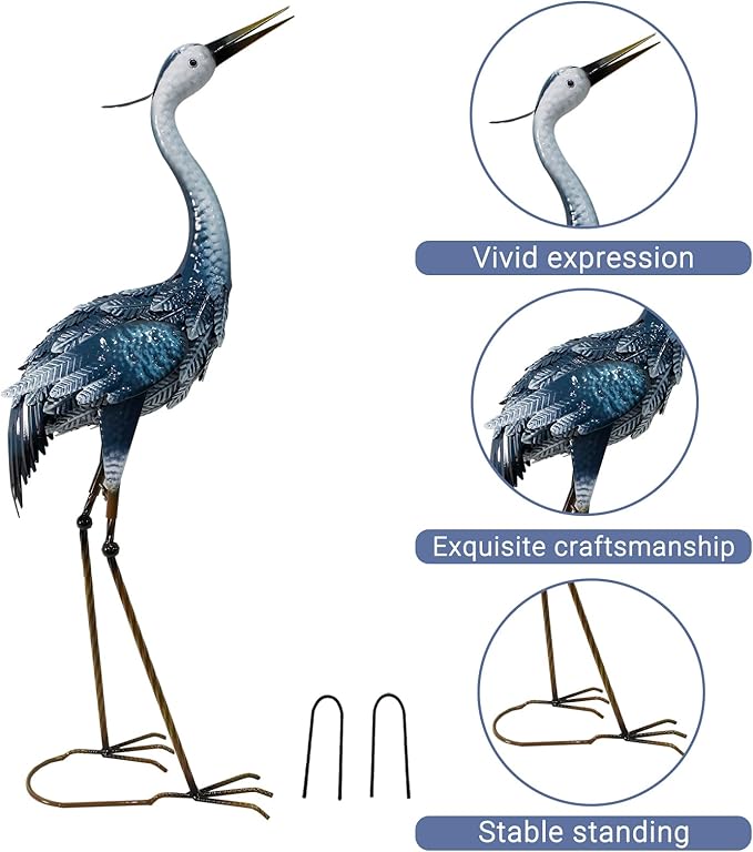 33-35 Inch Blue Heron Garden Statues for Outside, Metal Cranes for Yard Outdoor Decor, Standing Bird Sculptures for Patio, Lawn, and Backyard, Garden Sculptures & Statues, Set of 2