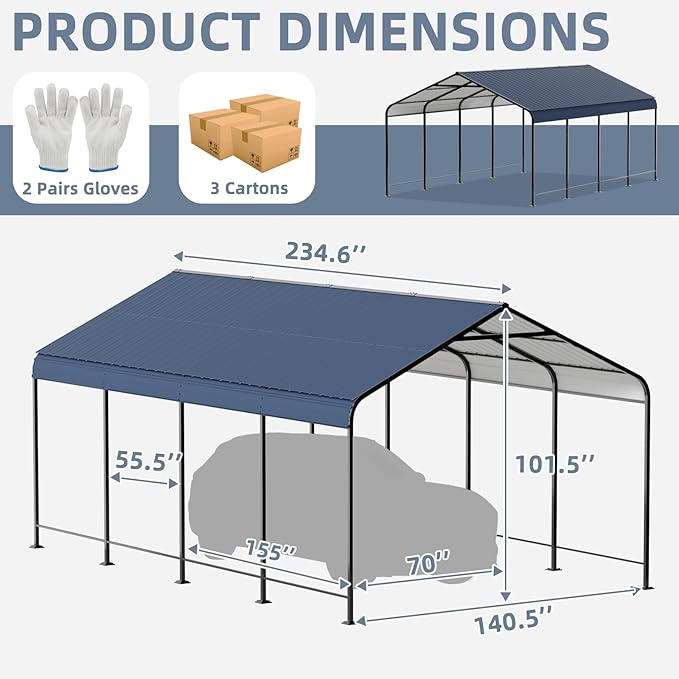 Mental Carport Canopy 12x20 Heavy Duty, Outdoor Car Ports Garage with Galvanized Steel Roof and Frame, Car Shelter Protect from Sun and Heavy Snow for Boat, Car and Tractors