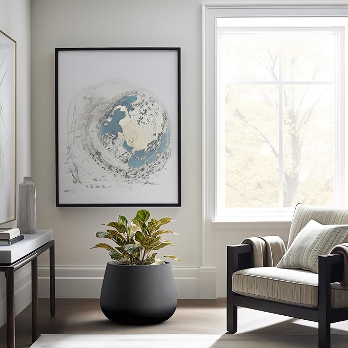 Kante Curva Series Planter, 14.8 Inch Round Concrete Garden Pot with Draiange Hole and Rubber Plug, Suitable for Indoor Plants, Home, Garden, Patio, Black