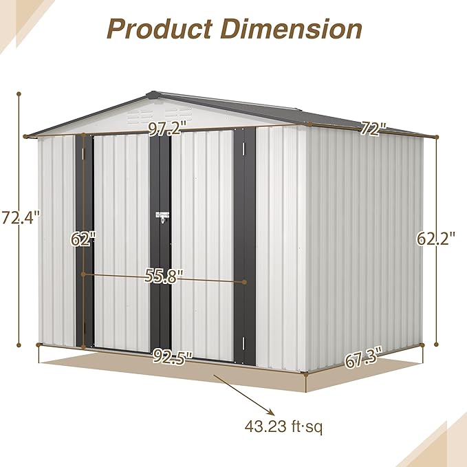 10X8 FT Outdoor Storage Shed, All Weather Metal Sheds with Lockable Doors, Tool Shed for Garden, Patio, Backyard, Lawn (White, 8x6 ft)