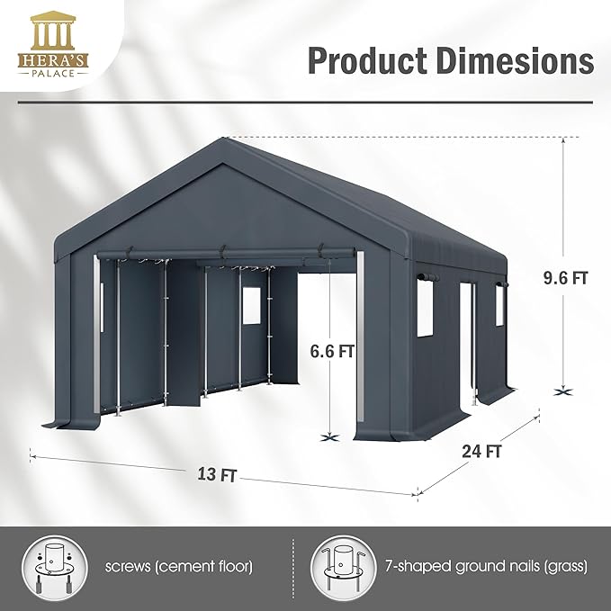 HERA'S PALACE Heavy Duty Storage Shed Outdoor Portable Car Canopy Carport Garage with 2 Rolled up Zipper Doors UV Resistant Waterproof Anti-Snow for Motorcycle Truck (Dark Gray, 13x24ft)