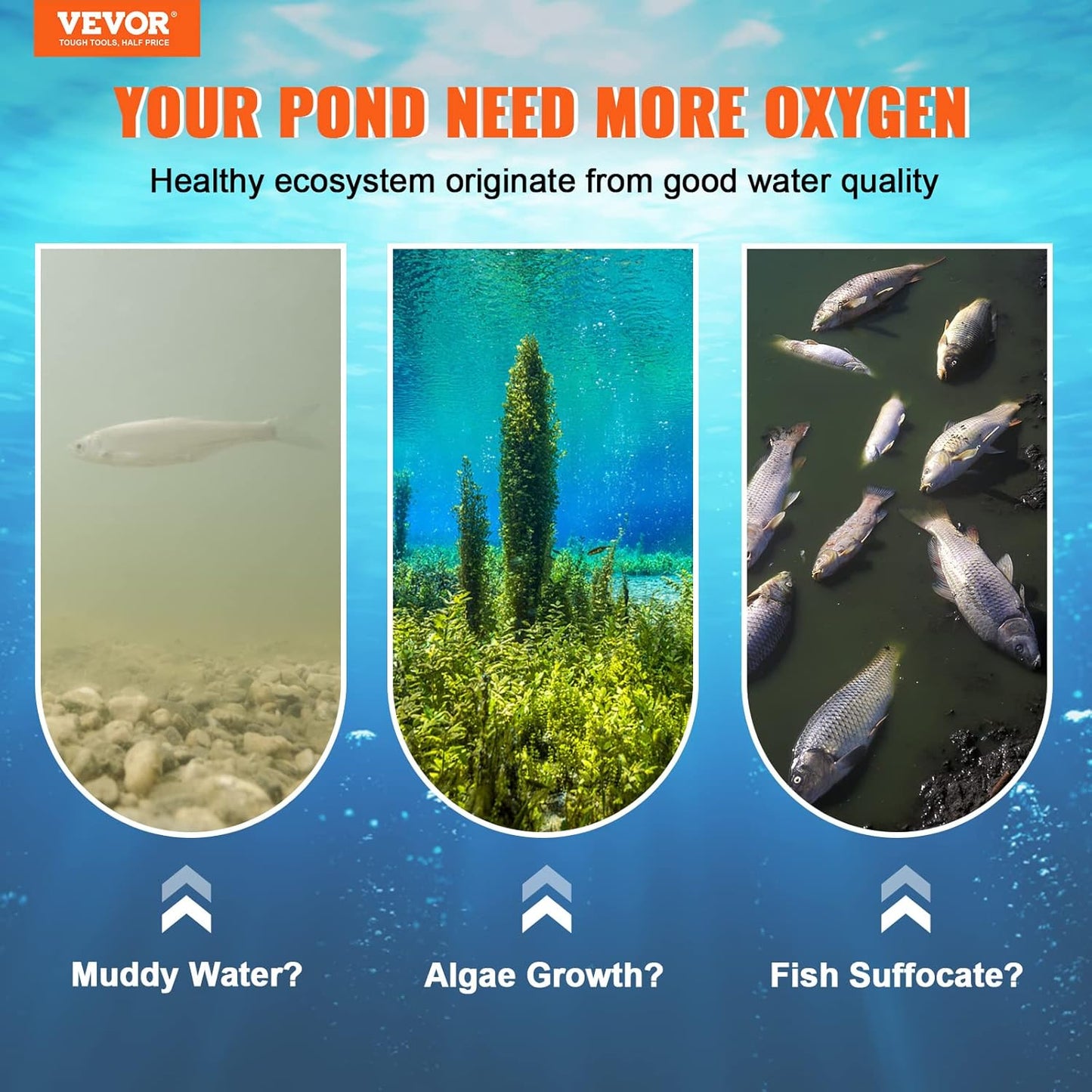 VEVOR Pond Aerator, 550W Power, 5.2CFM for Up to 3 Acre 50' Lake, Includes 3/4 HP Compressor & 2 100' Weighted Tubings & 2 Diffusers, Air Compressor for Deep Water Oxygen Circulation