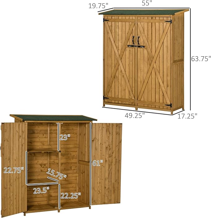 Outsunny Outdoor Storage Cabinet Wooden Garden Shed Utility Tool Organizer with Waterproof Asphalt Rood, Lockable Doors, 3 Tier Shelves for Lawn, Backyard, Natural