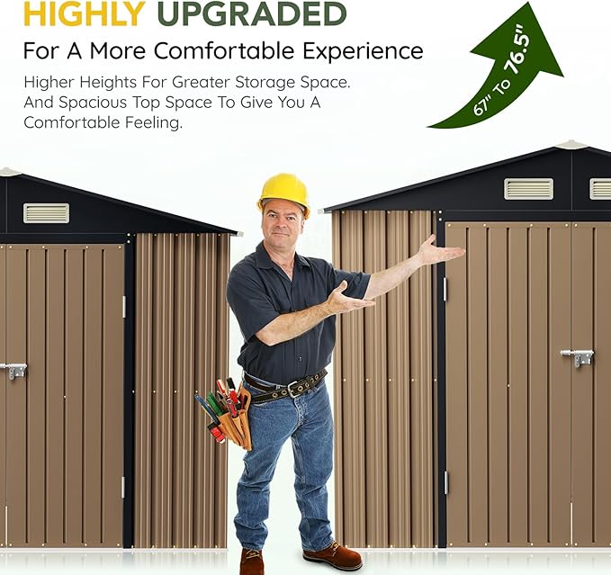 Breezz 6X8FT Outdoor Steel Storage Shed with Clear Window, Lockable Doors, Weather-Resistant Metal Tool Shed for Garden, Backyard, Patio, and Utility Storage.Brown