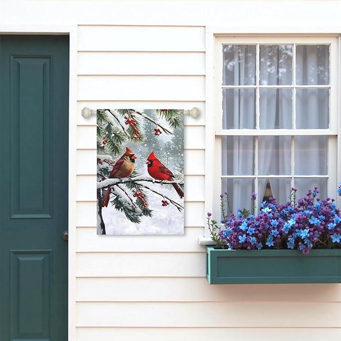 Winter Cardinal Bird Garden Flag Red Bird Pine Twigs Yard Flag Double Sided Polyester Holly Berry Snow Seasonal House Banner for Outdoor Farmhouse Christma Holiday Decor 28 x 40 Inch