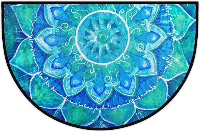 cfpolar Half Round Blue Boho Mandala Semicircle Mat, Non Slip Area Rug Soft Doormat for Front Door Indoor Entrance Welcome Mat for Garage Patio Home Decor 24 x 36 in