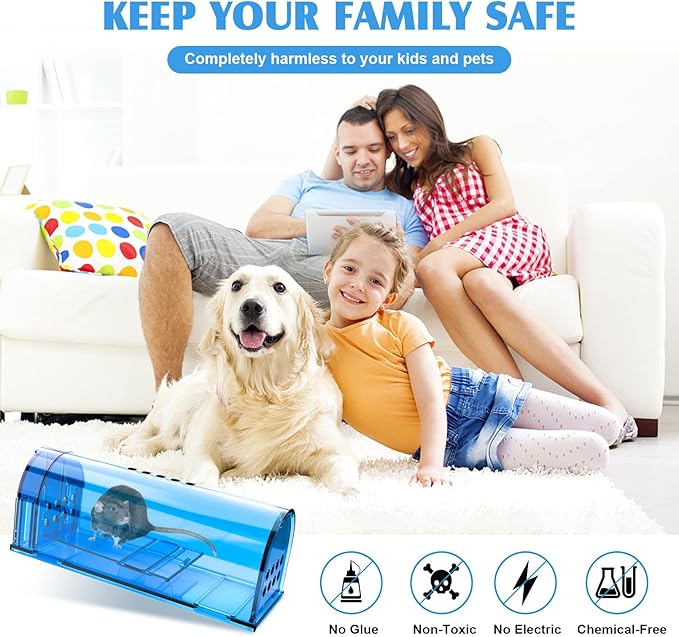 6 Pack Humane Mouse Traps No Kill, Catch and Release Live Mouse Trap Indoor for Home, Reusable Mice Trap Cage with Cleaning Brush(Blue)