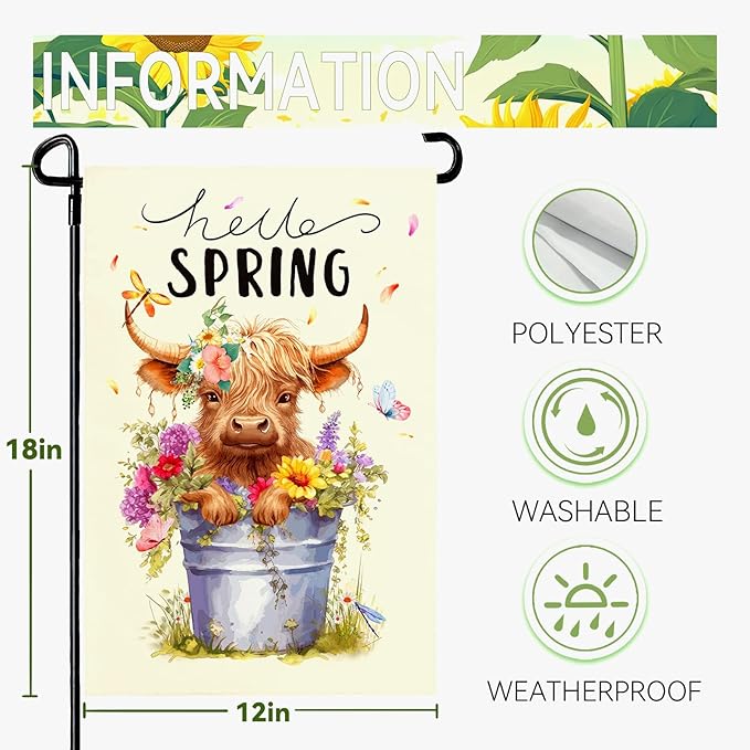 Hello Spring Garden Flag Highland Cow Polyester Yard Flag Double Sided Vertical 12x18 Inch Farmhouse Butterfly Floral Garden Flags Rustic Daisy House Banner for Seasonal Outdoor Decoration