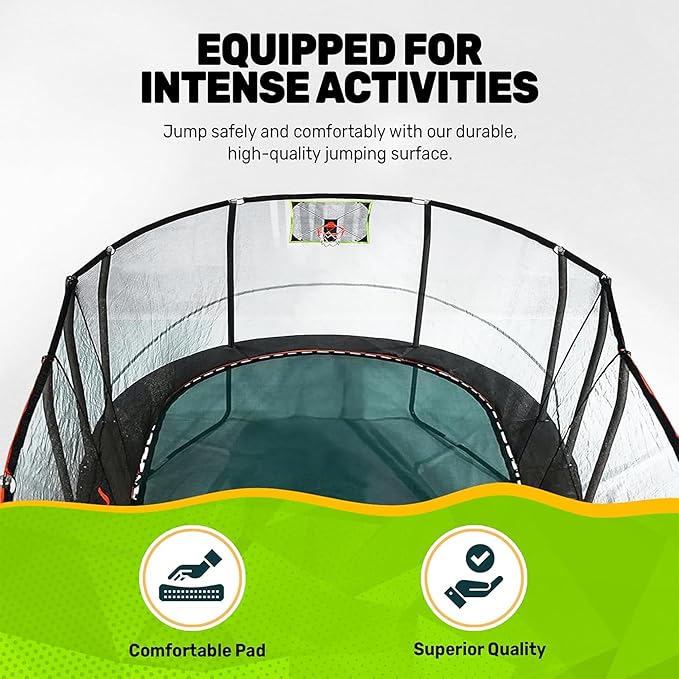 JumpKing Multi-Level Oval Trampoline with Ladder, Heavy Duty, Indoor/Outdoor with Safety Enclosure, Basketball Hoops and Toss Game Included, Durable Jumping Surface for Kids and Adults, 10ft x 17ft
