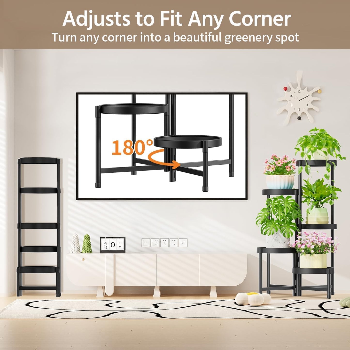 LASZOLA 5 Tiered Folding Plant Stand Indoor for Multiple Large Planter, Tall Heavy Duty Adjustable Rack with Rust Proof Plastic Shelving, Sturdy Vertical Tree Organizer for Narrow Inside Floor, Black