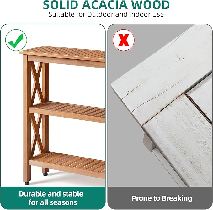 YITAHOME Solid Wood Outdoor Console Table, 39'' Acacia Wood Outdoor Bar Table with 3-Tier Storage Shelf, X-Frame Design and Adjustable Foot Pads for Garden Patio Balcony and Indoor, Natural
